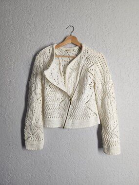 Maria Filo cream open-knit crochet motorcycle jacket cardigan sweater top M